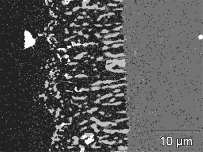 Phase map of five phases found in the sample. The white phase is the Nb-enriched phase
