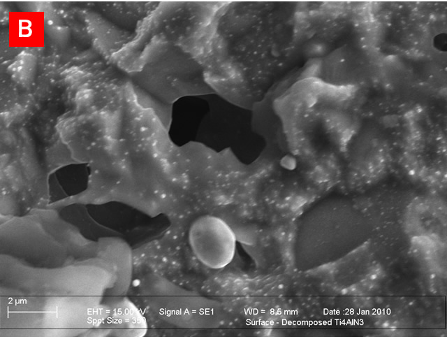 Scanning electron micrographs of the surface microstructures of vacuum-decomposed MAX phases; (a) Ti2AlN, (b) Ti4AlN3, (c) Ti3SiC2 and (d) Ti3AlC2.