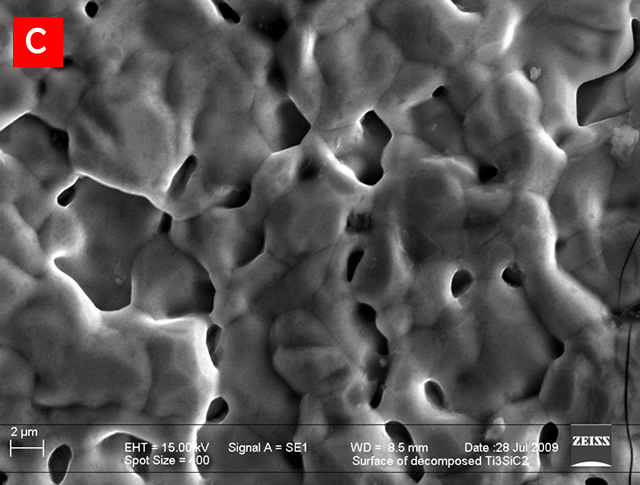 Scanning electron micrographs of the surface microstructures of vacuum-decomposed MAX phases; (a) Ti2AlN, (b) Ti4AlN3, (c) Ti3SiC2 and (d) Ti3AlC2.