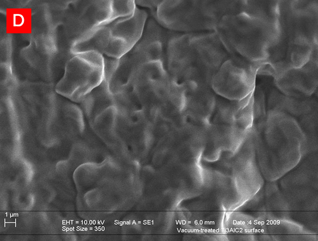 Scanning electron micrographs of the surface microstructures of vacuum-decomposed MAX phases; (a) Ti2AlN, (b) Ti4AlN3, (c) Ti3SiC2 and (d) Ti3AlC2.