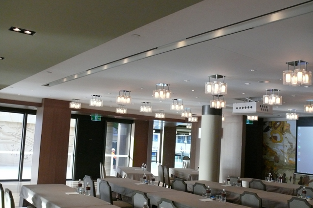 KlipTex acoustic stretch fabric ceiling installed at The Rocks HYATT.
