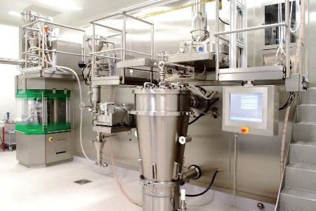 Location of the online measurement systems: 1.Moisture content, 2. Particle Size, 3.Blend Homogeneity, 4.Content uniformity