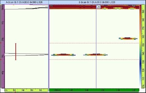 Electronic linear scan (B-scan) image showing relative hole position and depth across the length of a linear array