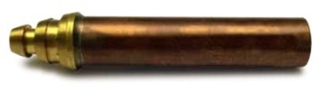 Induction brazing a brass mixing nozzle onto a twin feed copper tube for an oxyacetylene torch nozzle assembly. 6 kW at 380 kHz for 36 seconds to 732°C (1350°F).