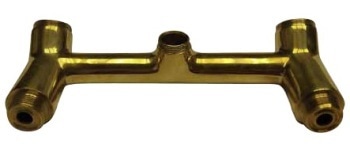 Replacing torch brazing for two brass joints on a faucet manifold. Each joint was induction brazed using a saddle coil. 22kW at 90kHz for 30 seconds to 620°C (1150°F).