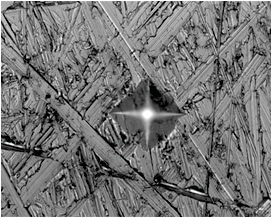After Platinum 1 Grinding Step: There are a large number of scratches on the surface. The Vickers hardness impression has a couple of edges that could have been influenced by the scratches and the impression corners are not distinct.