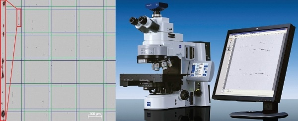 NMI measurement and System NMI. The left-hand side shows a tile image of a processed measurement: A critical line of oxide inclusions of 160pm in length (see magnified inset on the left) that has been both automatically detected by the system and combined into one inclusion stringer according to the standard. The right-hand side shows a System NMI based on an Axio Imager.Z2m