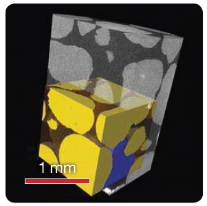 Contrast for Fluid Imaging Sand (yellow), Brine (blue), and Air (clear, brown) imaged in a 12.5 mm diameter aluminum tube