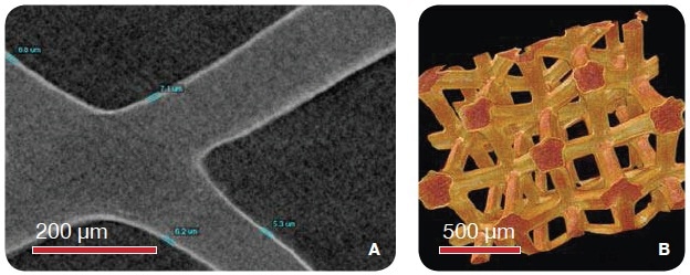 Ni-plated foam imaged using the MicroXCT (VersaXRM family) with 1.6 µm voxel size. (A) The 2D virtual slice shows the thin Ni plating of about 7 µm thickness. (B) The 3D rendering of the two phases of the foam.