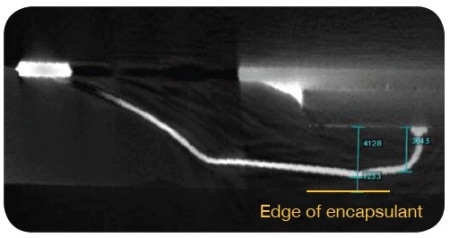 Virtual cross section of a single wire bond. Notice how it is possible to measure its shape and proximity to both the chip and the top of the plastic encapsulating material.