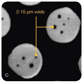 3D X-ray microscopic images of a package-on-package (PoP) assembly. (A) The 3D micrograph shows the microstructure of the stacked packages; (B) A 2Ijm crack was observed in a bump near the circuit board interface. Courtesy of ST-Ericsson Grenoble Failure Analysis Lab; (C) Multiple voids were found at the interface between the interposer and the top package.