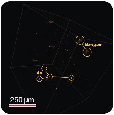 Rapid detection of gold, silver, or platinum group metals (PGMs), feed, concentrates or tailings. Large number of particles can be scanned in 3D to detect valuable phases. Image: Scanning for Au particles (bright particles) in 3D at 1 µm voxel within a 3 mm packed bed tube