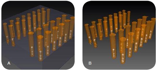 3D visualization of many vias at once enables location of voids within the copper-filled vias. (A) Shows the vias within the silicon with the voids visible; (B) shows the voids more clearly within the vias. In this scan, rows of 4 µm (top left) and 5 µm (bottom right) vias are sampled simultaneously to compare each process.