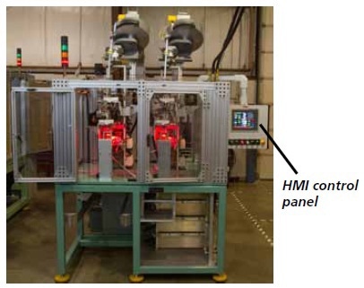 Front view of the Mouth and Neck Anneal Machine with optional Head-stress relief. Runs at 100 parts per minute.