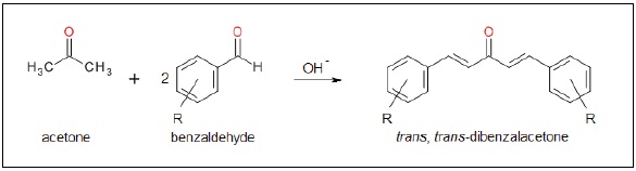 Crossed aldol condensation reaction, producing the a,ß-unsaturated ketone dibenzalacetone