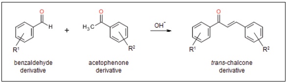 Crossed aldol condensation reaction, producing the a,ß-unsaturated ketone chalcone