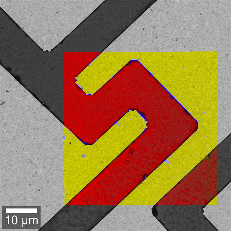 RISE image of a gallium arsenide sample. Gold substrate (yellow), GaAs (red) and residues from production (blue).