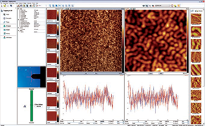 The intuitive graphical user interface provides immediate access to eight channels and extensive controller functions. Image data (left) show topography of triblock copolymer with 5Kx5K data.