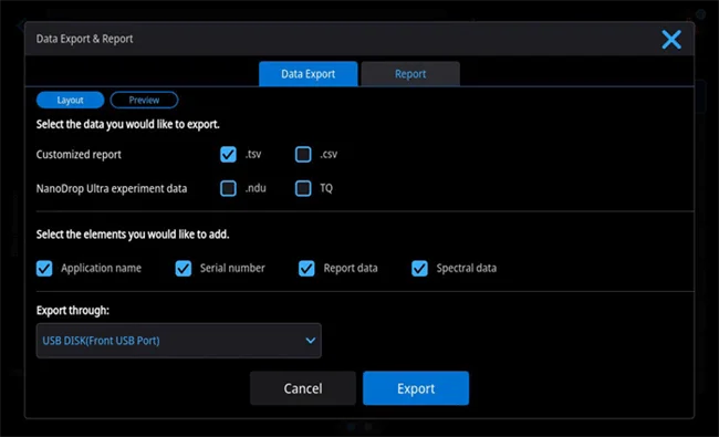 Export data in multiple file formats and select the type of data exported