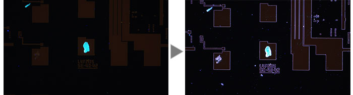 Photoresist residue on a semiconductor wafer (Left: Fluorescence/Right: MIX (Fluorescence + Darkfield)).