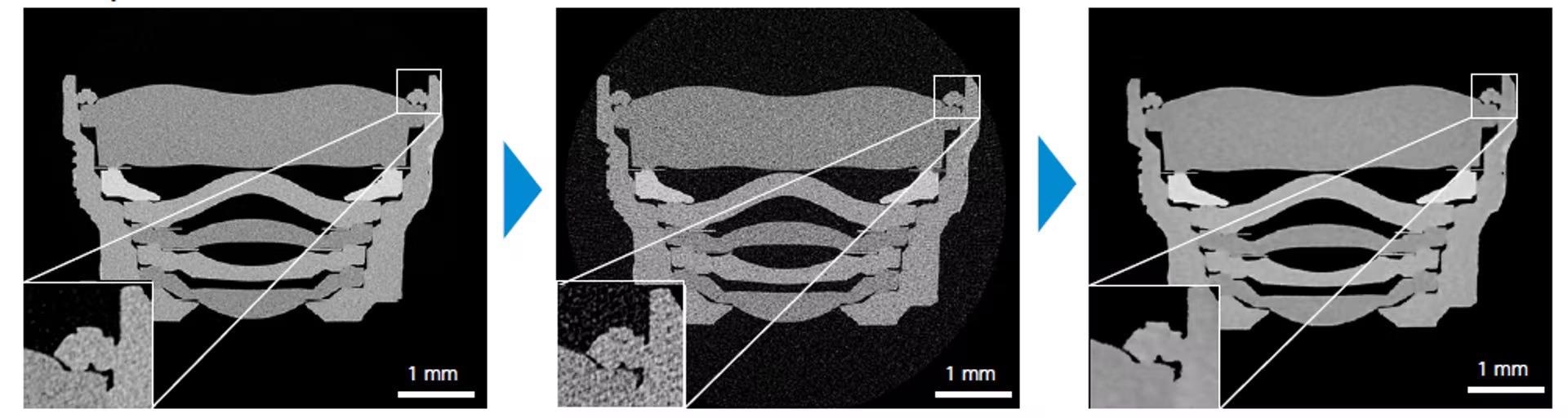 Observe the performance of OptiRecon in a workflow performed on an electronics sample. Analyze integration issues in a smart phone camera lens, now 4× faster. Left: Standard reconstruction: Scan time 90 minutes (1200 projections). Center: Standard reconstruction: Scan time 22 minutes (300 projections). Right: OptiRecon: Scan time 22 minutes (300 projections).