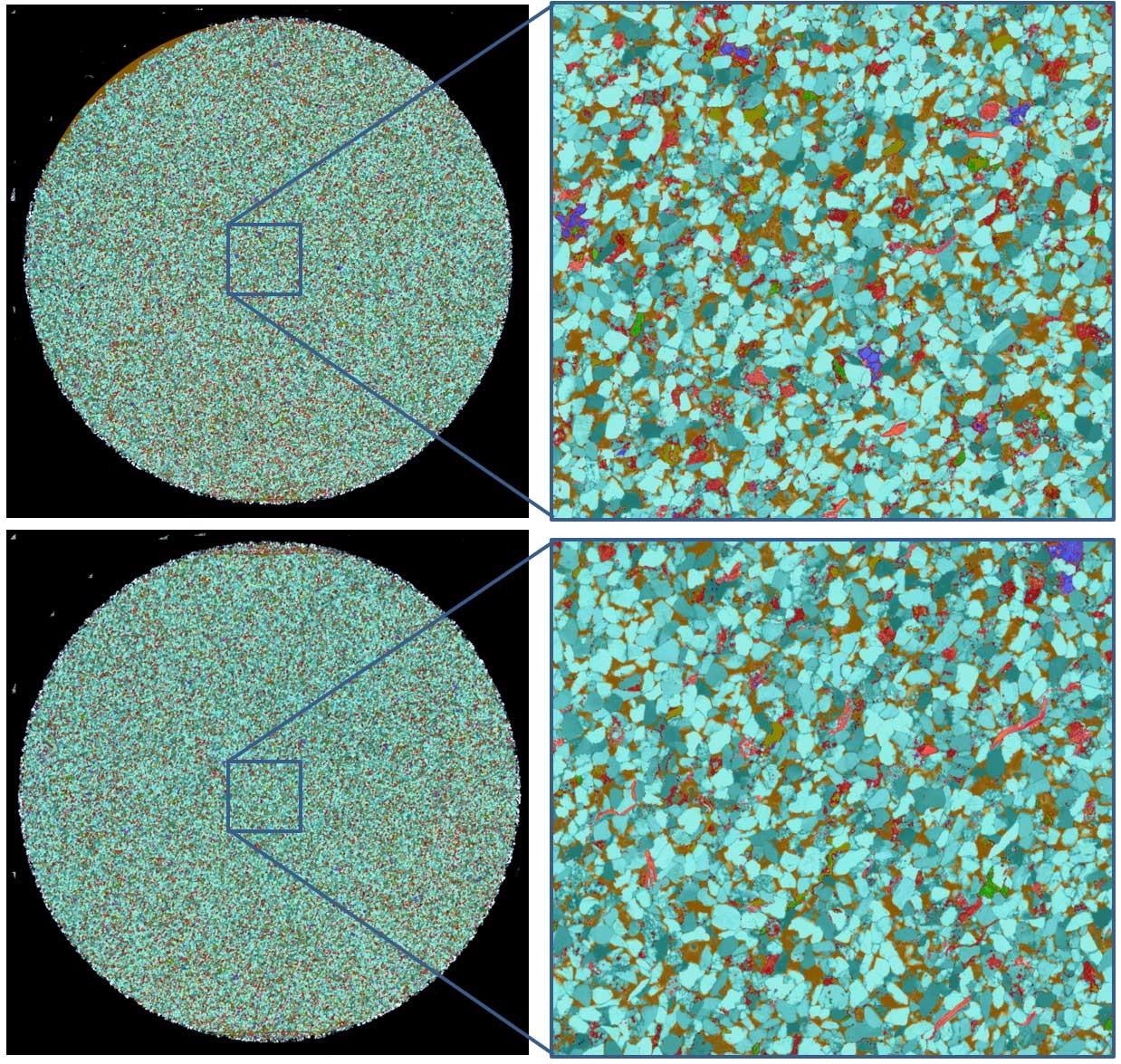Automated machine-learning based mineral classification using a single ZEN Intellesis model, applied on two sandstone samples.