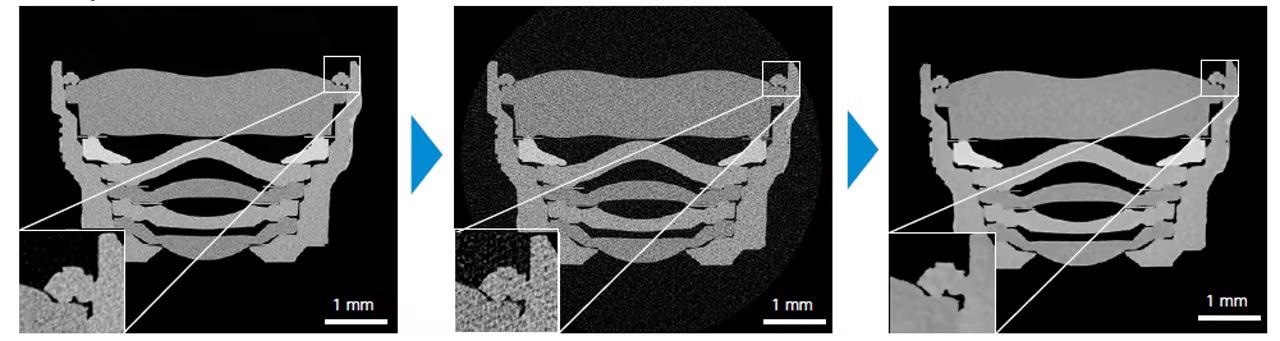 Observe the performance of OptiRecon in a workflow performed on an electronics sample. Analyze integration issues in a smartphone camera lens, now 4× faster. Left: Standard reconstruction: Scan time 90 minutes (1200 projections). Center: Standard reconstruction: Scan time 22 minutes (300 projections). Right: OptiRecon: Scan time 22 minutes (300 projections).