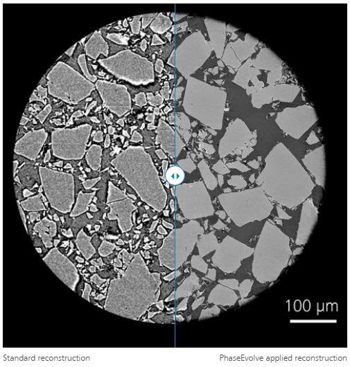 The image on the right shows an application of PhaseEvolve to a pharmaceutical powder sample. High resolution or low kV imaging can result in inherent material contrast being obscured by phase contrast artifacts. PhaseEvolve effectively removes phase fringes to enhance image contrast and improve segmentation results.