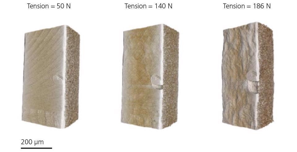 Tensile testing of laser-welded steel under increasing load.