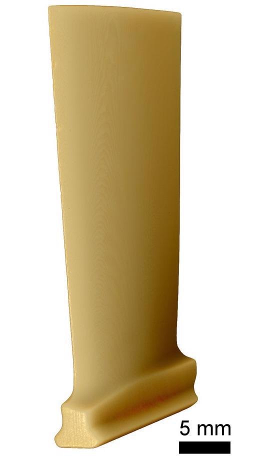3D rendering results from a rapid scan of a turbine blade to evaluate geometry and inspect for internal defects or cracks.