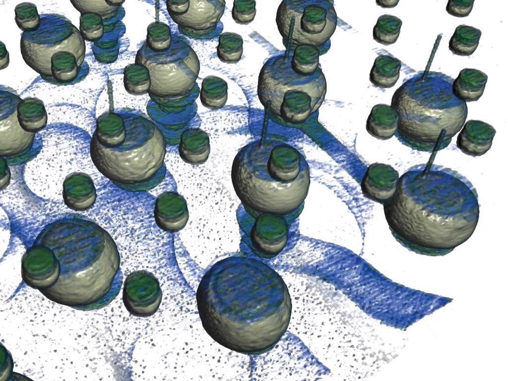 Visualization of C4 bumps, TSVs, and Cu-pillar micro bumps in a 2.5D package, enabling high-resolution views from within the intact package, 1 µm/voxel.