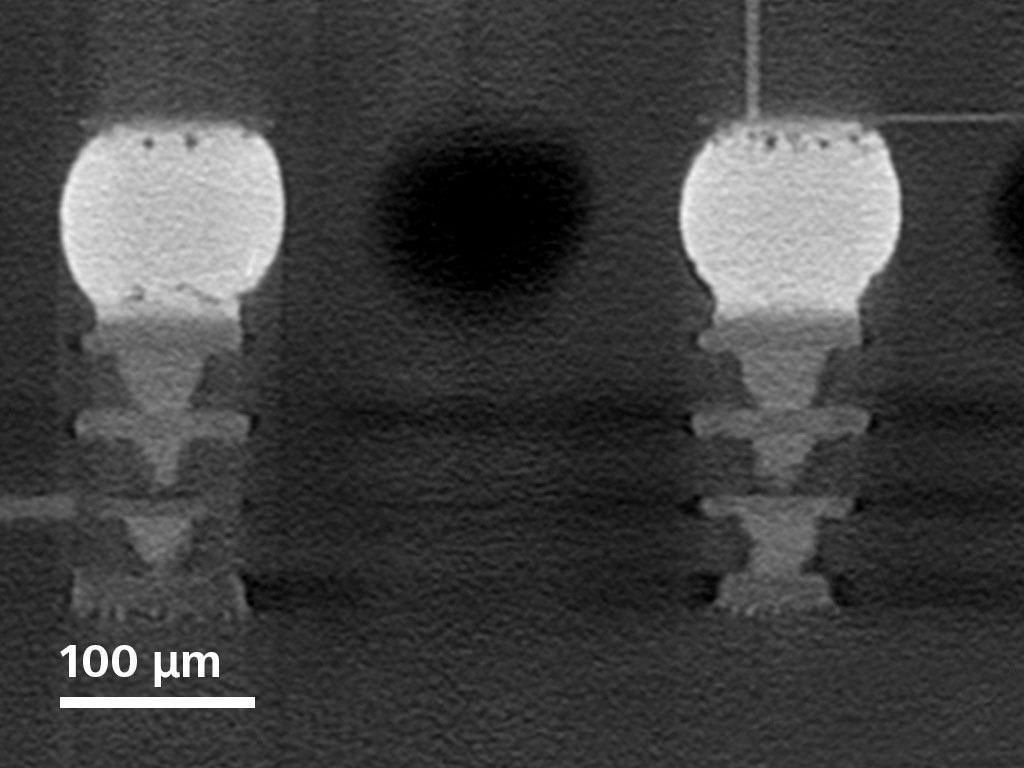 Virtual cross section from the 2.5D package reveals solder cracks and voids in C4 bumps.