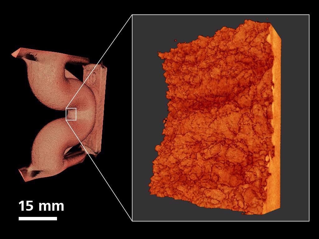 Surface roughness evaluation of an AM printed duct (Ti-6Al-4V); high resolution scan acquired at ~1.7 mm voxel over a ~3.4 mm area.