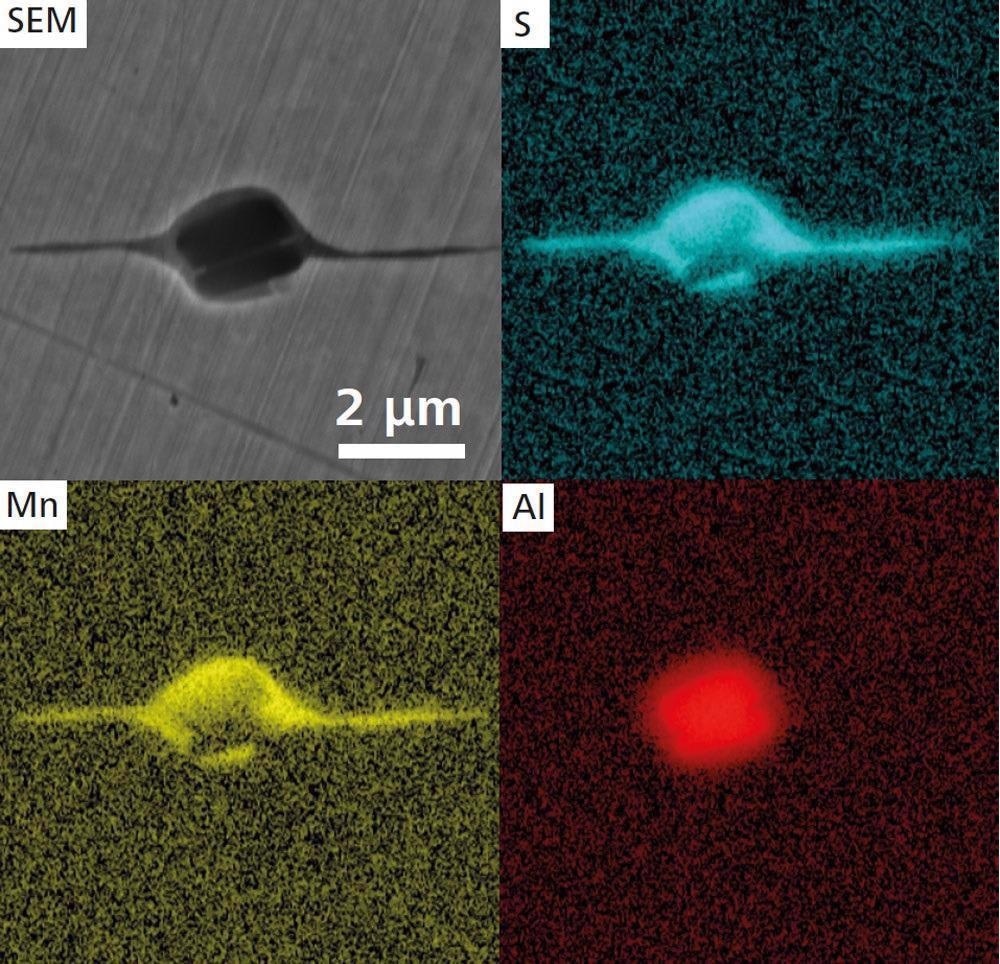 Higher magnification SEM image (ZEISS Crossbeam 550) and EDS maps of an elongated MnS inclusion.