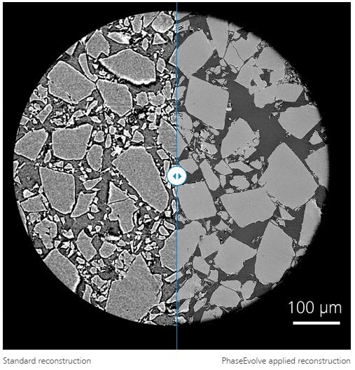 The image on the right shows an application of PhaseEvolve to a pharmaceutical powder sample. High resolution or low kV imaging can result in inherent material contrast being obscured by phase contrast artifacts. PhaseEvolve effectively removes phase fringes to enhance image contrast and improve segmentation results.