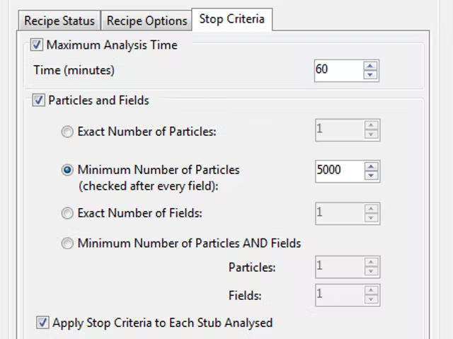 Stop criteria setup page.