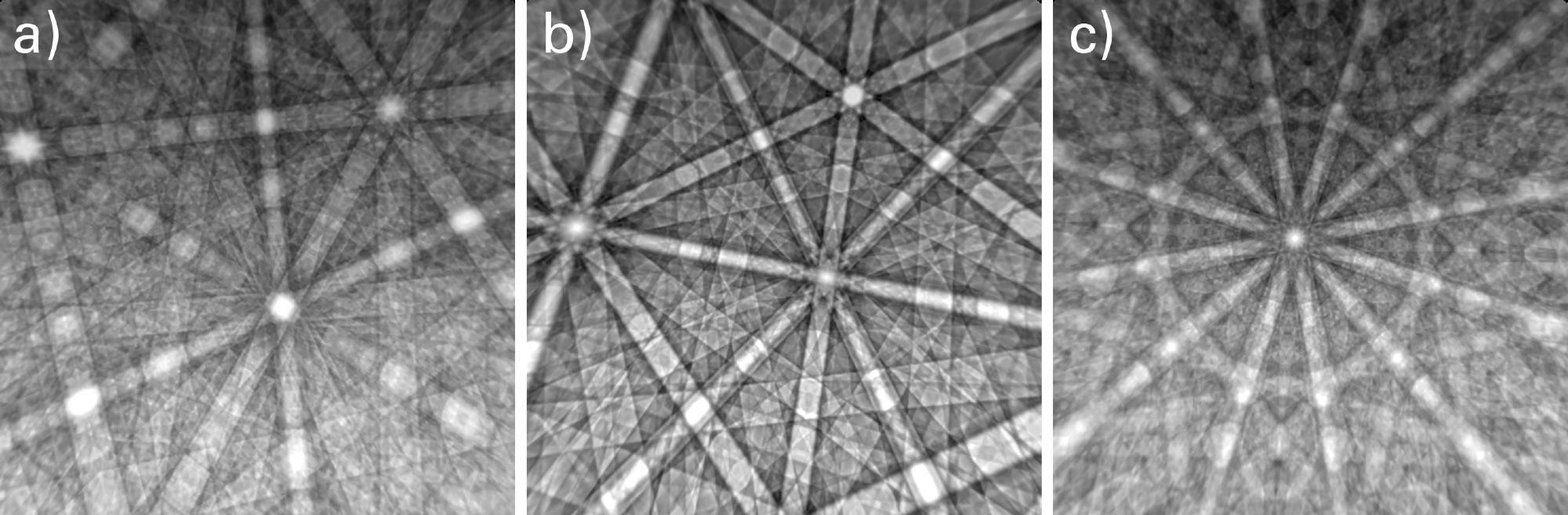 Dynamically simulated EBSD patterns for: a) Cr23C6, b) TiN, and c) Sigma phases using OIM Matrix.