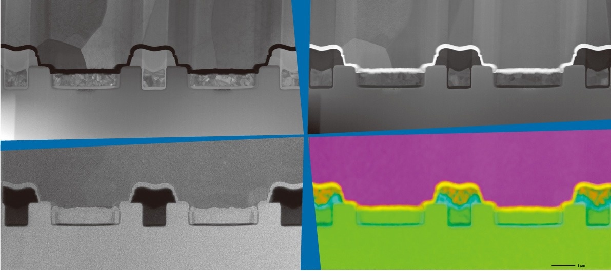 Specimen: SiC power semiconductor device Observation conditions: Accelerating voltage 30 kV, Detector (Upper left) STEM-BF, (Upper right) STEM-DF, (Lower left) SED Secondary electron image, (Lower right) EDS maps Purple: Al Yellow: Ti Orange: P Blue: O Green: Si. I