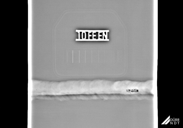 Weld seam, 6 mm steel plate, X-ray (ISO 17636-2 Class B compliant).