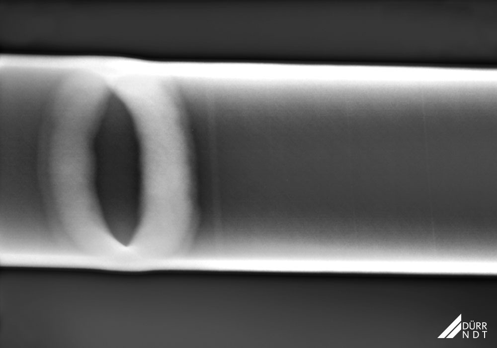 Weld seam, Ø 14 mm stainless steel pipe, X-ray, elliptic technique.