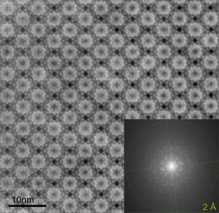 Metal Organic Framework (MOF) MIL-101 imaged with 0.5 pA of beam current in STEM with iDPC at 200kV. The image is a single shot with a frame time of 23.5 seconds and the complex structure can be seen with 2 Å resolution. (Specimen courtesy of Professor Y. Han, King Abdullah University of Science and Technology.).