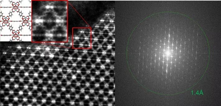 Extreme low-dose imaging of the metal organic framework (MOF) UiO 66. A probe current of <0.5 pA was used in combination with iDPC and the Panther STEM detection system to image atomic-level details in this highly dose-sensitive material with a spatial resolution of 1.4 Å. The image is a single shot with a frame time of 23.5 seconds. Specimen courtesy of Professor Y. Han, King Abdullah University of Science and Technology. (Data acquired on a Spectra 300 TEM.)
