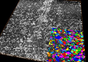 Serial block-face 3D imaging of a polymer blend sample. Here, the 3D volume reconstruction of the complete dataset (122 μm × 122 μm × 10 μm) is shown, with a segmented region inset revealing the particle distribution in the matrix.