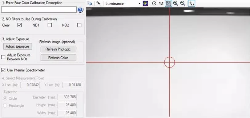 Field of view of the integrated spectrometer shown as a circle in the center of the measurement image in software, located at a defined x, y measurement point.
