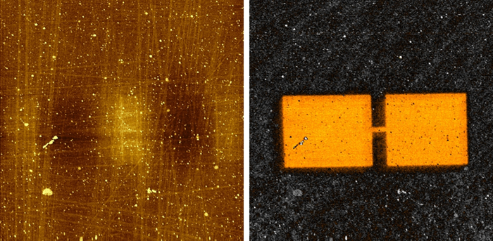 Sample: Metallic structure embedded on epoxy. Mode: 1. Topography 2. HD-KFM dC/dZ Scan size