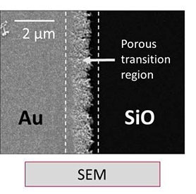 AFSEM C-AFM image of a gold electrode on a silicon substrate. (Figure 1) SEM image of the region of interest displaying the gold electrode with a porous transition region at the edge of the electrode structure
