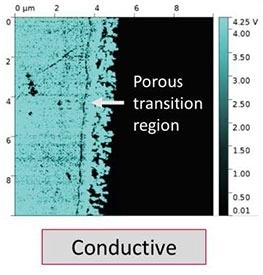 C-AFM image of the electrode structure that reveals the highly conducting gold electrode as well as the non-conducting silicon surface region