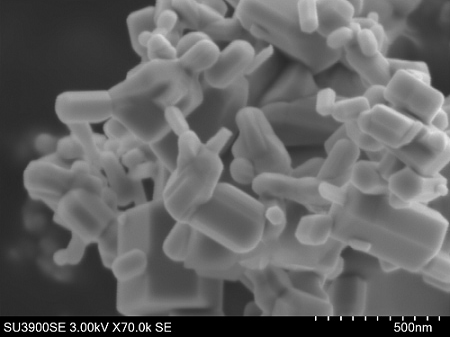 Zinc oxide particles. Fine particles with sizes of about 50 nm and 3D shape can be seen