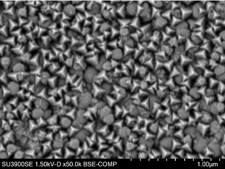 High-entropy carbide film. Distribution of particles with different compositions/shapes can be seen