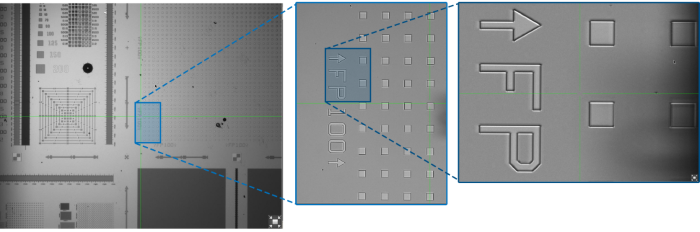 The field of view and resolution for InSight 300’s integrated optics is illustrated on a MetroBoost FP100 reference structure